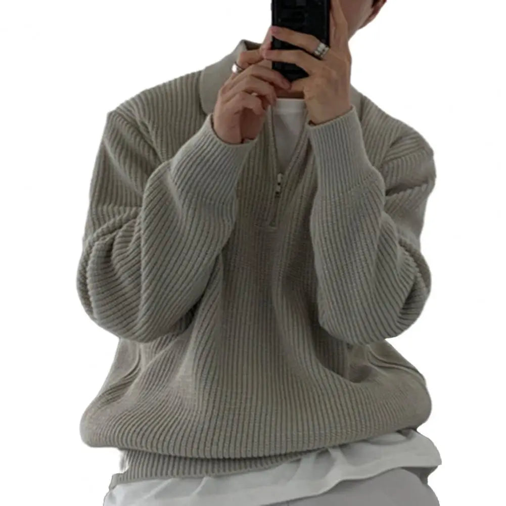 Men Sweater Men'S Fall Winter Lapel Sweater Knitted Zipper Pullover Soft Warm Mid Length Casual Sweater for Men Lightweight Men