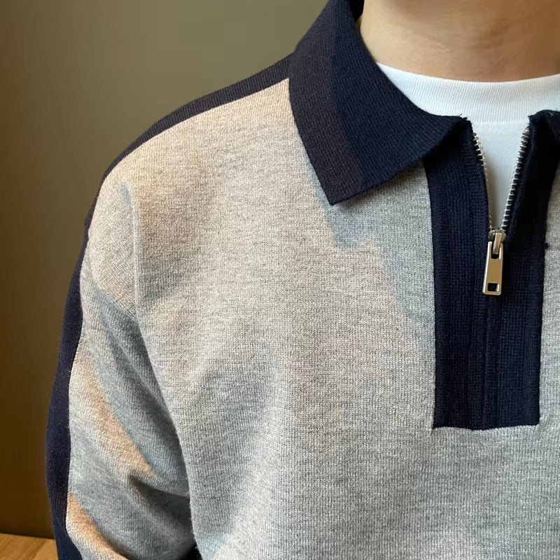 Men'S Spring Autumn New Fashion Pullover POLO Neck Zipper Panel Contrast Color Casual Versatile Long Sleeve Slim Fit Shirt Tops