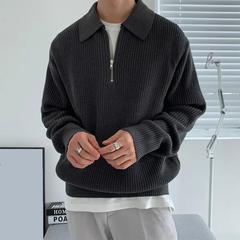 Men Sweater Men'S Fall Winter Lapel Sweater Knitted Zipper Pullover Soft Warm Mid Length Casual Sweater for Men Lightweight Men