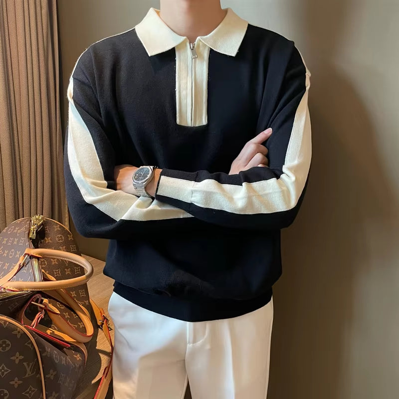 Men'S Spring Autumn New Fashion Pullover POLO Neck Zipper Panel Contrast Color Casual Versatile Long Sleeve Slim Fit Shirt Tops