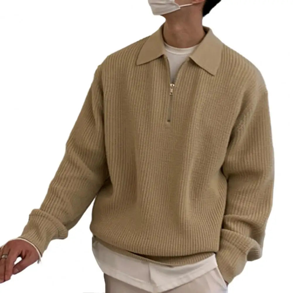 Men Sweater Men'S Fall Winter Lapel Sweater Knitted Zipper Pullover Soft Warm Mid Length Casual Sweater for Men Lightweight Men