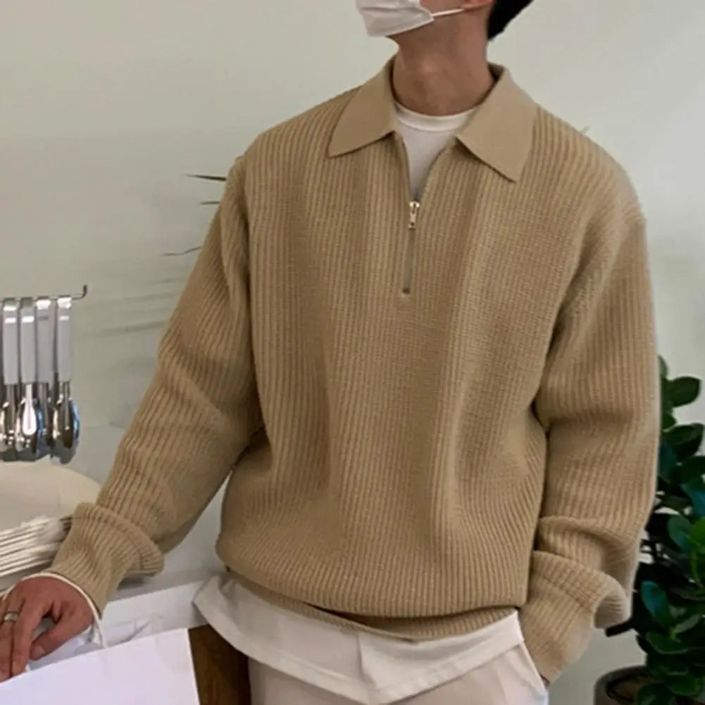 Men Sweater Men'S Fall Winter Lapel Sweater Knitted Zipper Pullover Soft Warm Mid Length Casual Sweater for Men Lightweight Men