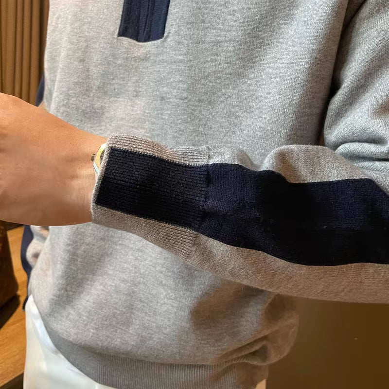 Men'S Spring Autumn New Fashion Pullover POLO Neck Zipper Panel Contrast Color Casual Versatile Long Sleeve Slim Fit Shirt Tops