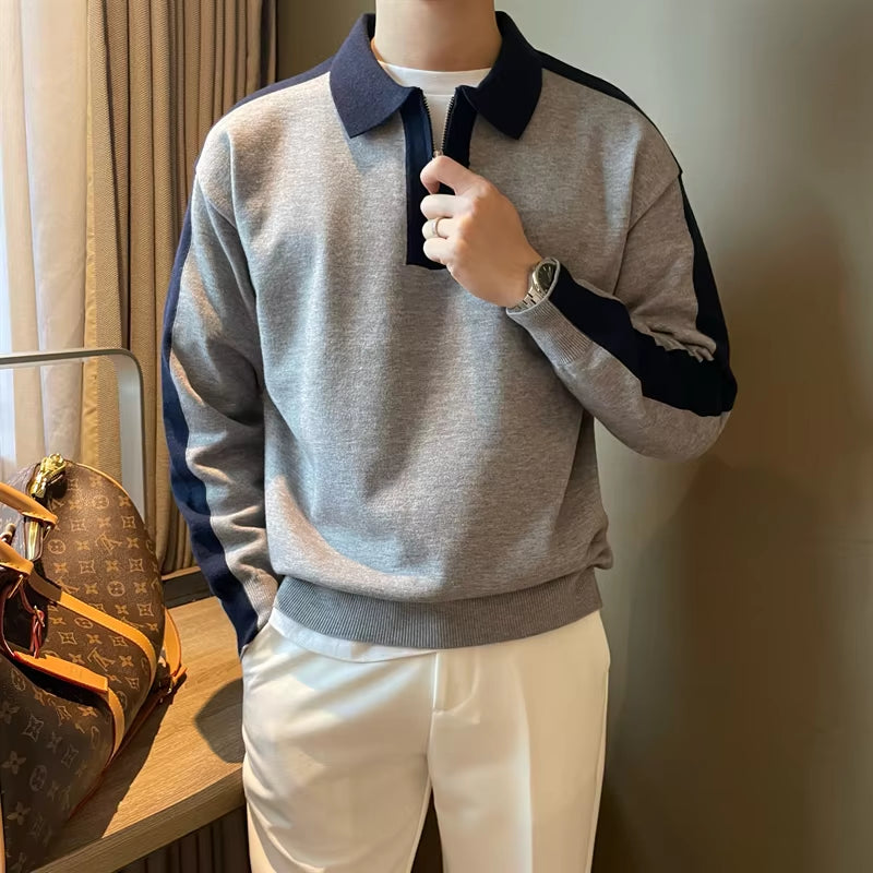 Men'S Spring Autumn New Fashion Pullover POLO Neck Zipper Panel Contrast Color Casual Versatile Long Sleeve Slim Fit Shirt Tops