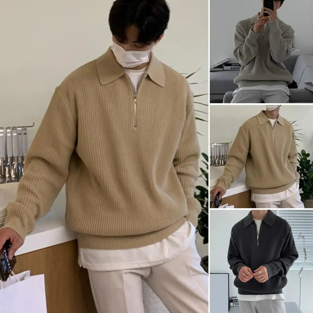 Men Sweater Men'S Fall Winter Lapel Sweater Knitted Zipper Pullover Soft Warm Mid Length Casual Sweater for Men Lightweight Men
