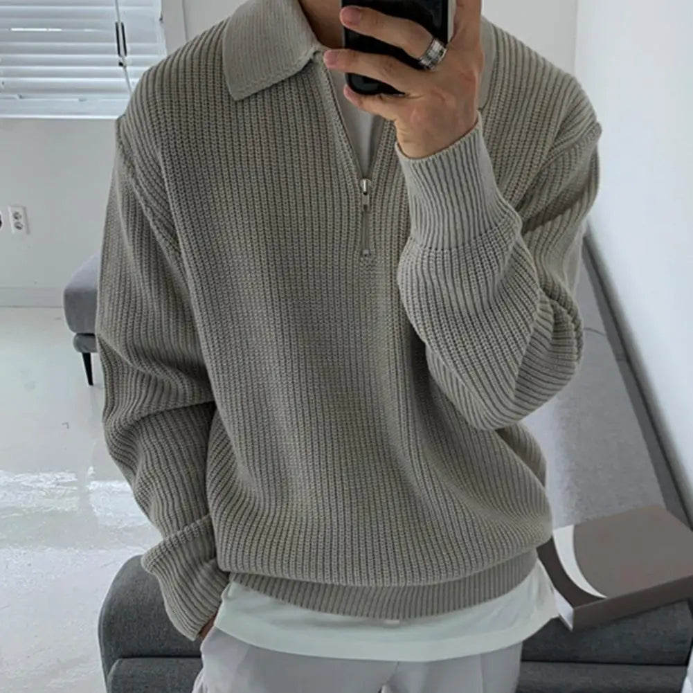 Men Sweater Men'S Fall Winter Lapel Sweater Knitted Zipper Pullover Soft Warm Mid Length Casual Sweater for Men Lightweight Men