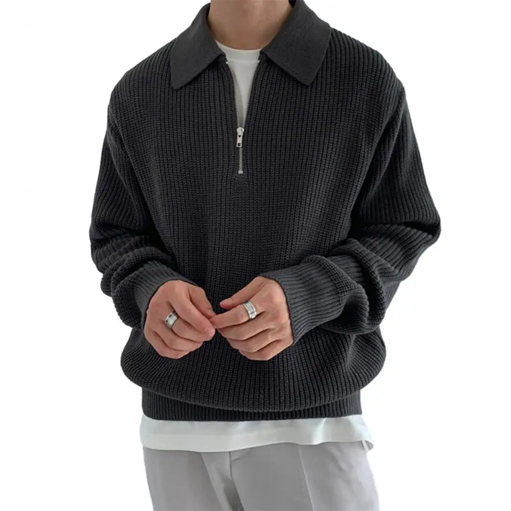 Men Sweater Men'S Fall Winter Lapel Sweater Knitted Zipper Pullover Soft Warm Mid Length Casual Sweater for Men Lightweight Men